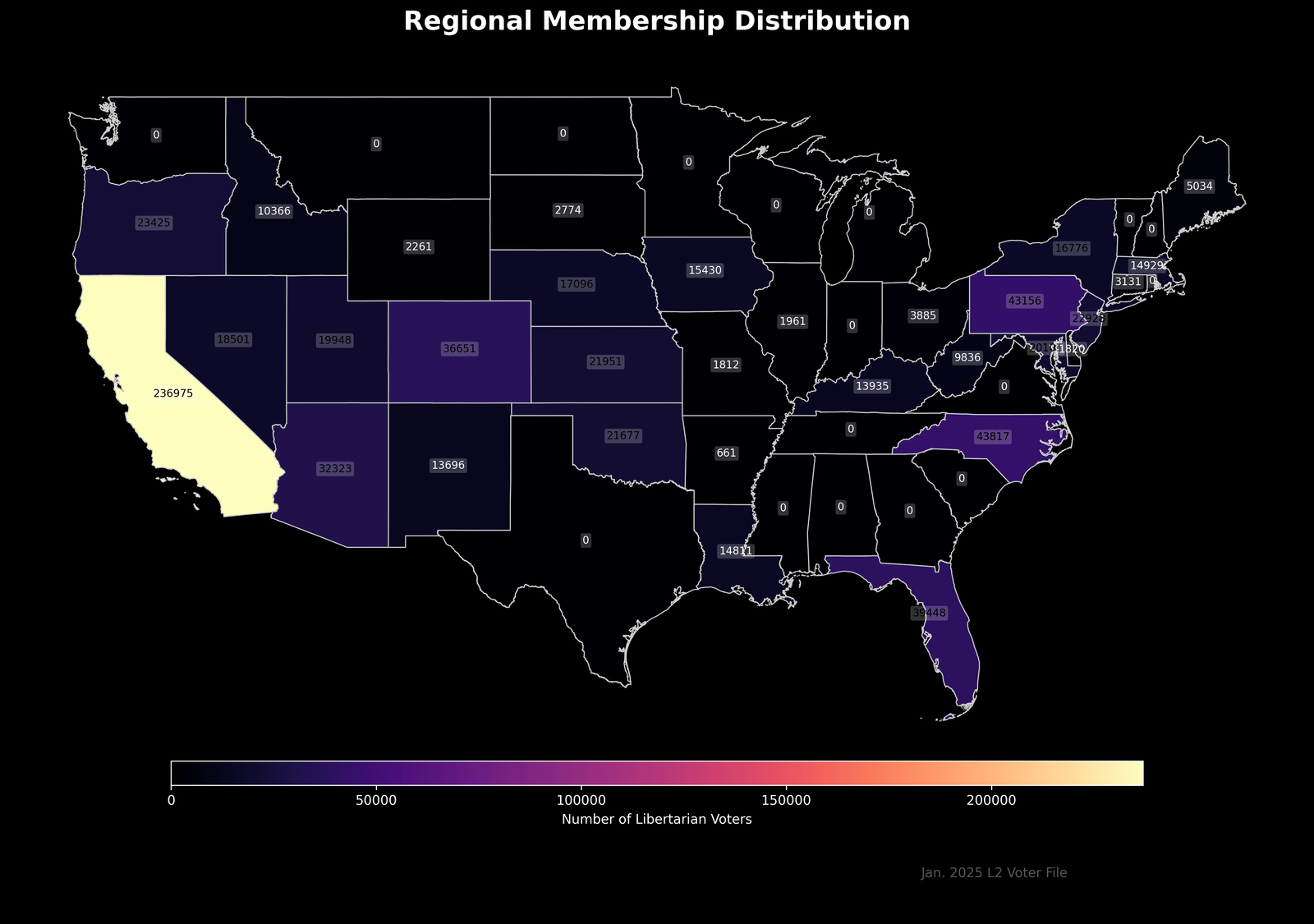 Map showing raw numbers of Libertarian voters by state