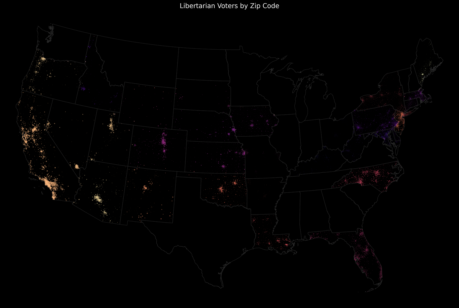 Map showing Libertarian voters by zip code